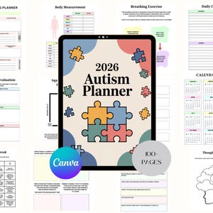 Op de afbeelding: Een digitale planner met de titel "2026 Autism Planner" met puzzelstukjes. Het bevat secties voor ontspullen, lichaamsmetingen, ademhalingsoefeningen, dagelijkse checklists en een kalender voor 2026. Het Canva-logo is zichtbaar.