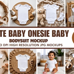Puede incluir: Una maqueta con bodies blancos para bebés en varios entornos. La imagen incluye un bebé con un body, además de otros bodies con accesorios para bebés como zapatos, juguetes y una cuna. El texto dice "WHITE BABY ONESIE BABY BODYSUIT MOCKUP 300 DPI HIGH RESOLUTION JPG MOCKUPS" y "88 MOCKUPS".