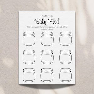 May include: A white card with the text "GUESS THE Baby Food" and instructions to write down the flavor guessed for each jar. Nine numbered jar outlines are arranged in three rows. A baby shower game.