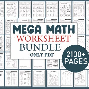 May include: A collection of printable math worksheets for kids. The image shows a variety of pages with different math exercises, including counting, tracing, and basic arithmetic. The title "MEGA MATH WORKSHEET BUNDLE" is displayed prominently, with a circular graphic indicating "2100+ PAGES".
