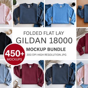 Peut inclure: Un ensemble de maquettes présentant des sweat-shirts Gildan 18000 pliés de différentes couleurs, dont rose, bleu, noir et bordeaux. L'image comprend le texte "FOLDED FLAT LAY GILDAN 18000 MOCKUP BUNDLE" et "450+ MOCKUPS".