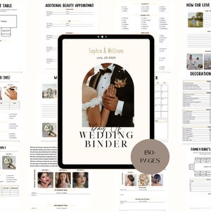 May include: A digital wedding binder with various planning pages. The cover features a photo of a couple, with the text "Day of Wedding Binder". The binder includes sections for the sweetheart table, beauty appointments, and a decoration checklist. It has 150 pages.