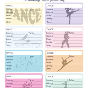 May include: A sheet of eight rectangular dance costume tags in pastel colors, each featuring lines for dance, costume, tights, hairstyle, shoes, jewelry, and other details. The tags include various dance-themed silhouettes and text graphics.