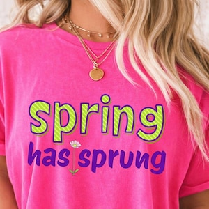 May include: A vibrant pink t-shirt featuring the phrase "spring has sprung" in green and purple. A small daisy graphic is positioned below the text. This is a casual, everyday wear item.