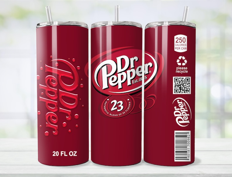May include: A red insulated tumbler featuring the Dr Pepper logo and branding. The tumbler has a silver lid and straw. The design includes the text "20 FL OZ", "250 Calories Per Can", and a recycling symbol. The tumbler is designed to resemble a Dr Pepper can.
