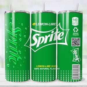 May include: A green tumbler with a white and green Sprite design. The tumbler features the Sprite logo, the words "LEMON-LIME SOD" and "100% NATURAL FLAVORS". It also includes a straw and a lid.