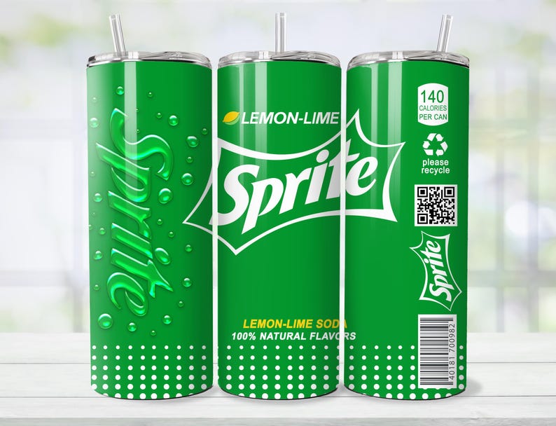 May include: A green tumbler with a white and green Sprite design. The tumbler features the Sprite logo, the words "LEMON-LIME SOD" and "100% NATURAL FLAVORS". It also includes a straw and a lid.