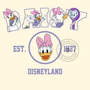 May include: A light yellow graphic featuring Daisy Duck in various poses, with the word "DAISY" above and "EST. 1937 DISNEYLAND" below. Daisy is wearing a pink bow and purple clothing.