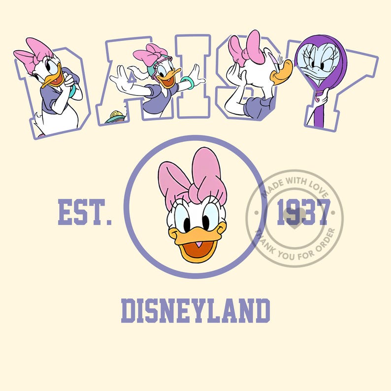 May include: A light yellow graphic featuring Daisy Duck in various poses, with the word "DAISY" above and "EST. 1937 DISNEYLAND" below. Daisy is wearing a pink bow and purple clothing.