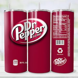 May include: A red Dr. Pepper tumbler with a straw. The tumbler features the Dr. Pepper logo in white and the text "Est. 1885". It also includes nutritional information and says "20 FL OZ".