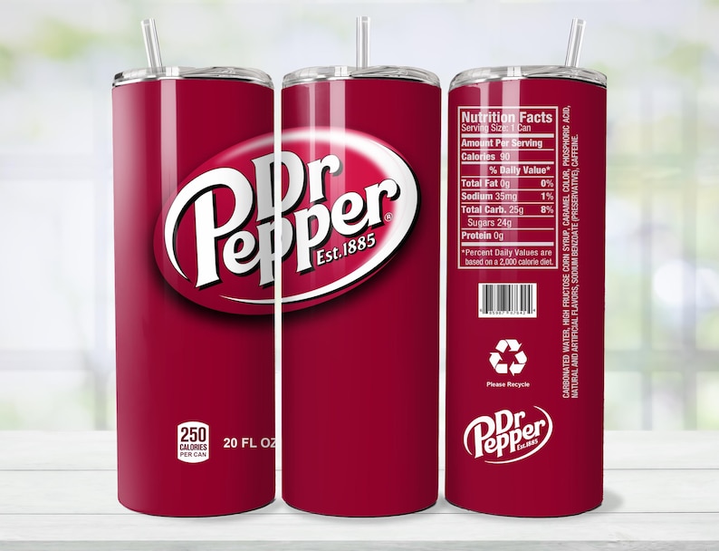 May include: A red Dr. Pepper tumbler with a straw. The tumbler features the Dr. Pepper logo in white and the text "Est. 1885". It also includes nutritional information and says "20 FL OZ".