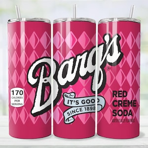 May include: A red and pink insulated tumbler with a straw, featuring the Barq's logo in white. The design includes a diamond pattern and the text "Red Creme Soda". It also displays "170 Calories Per Serving" and "It's Good Since 1898".