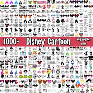 May include: An image showcasing over 1000 Disney cartoon designs available as PNG, SVG, and DXF files. The designs include various Disney characters, logos, and phrases, such as Mickey Mouse and Minnie Mouse.