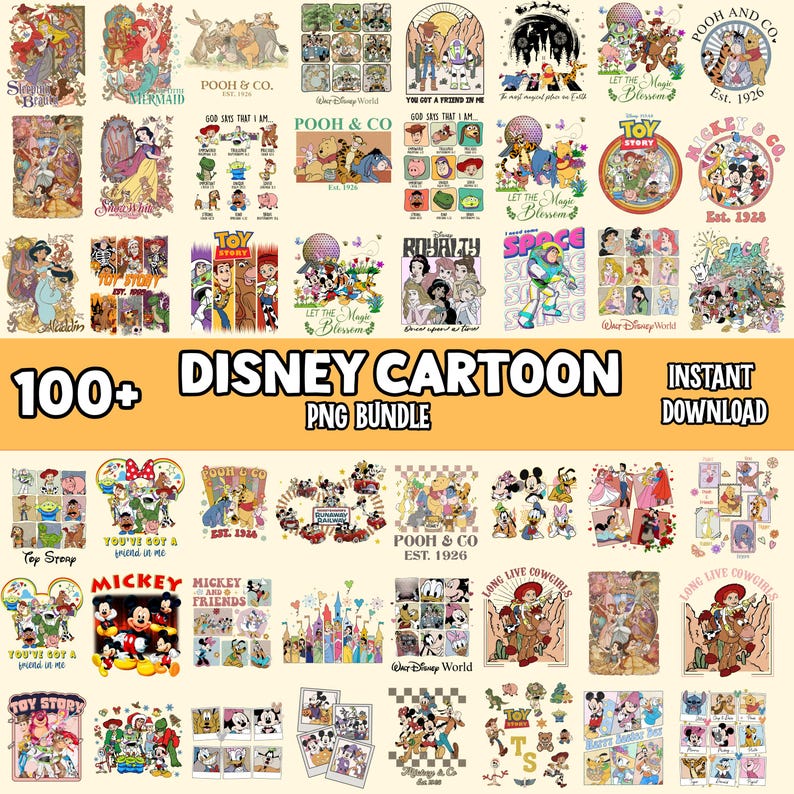 May include: A collection of over 100 Disney cartoon PNG images, featuring characters from various Disney movies. The images include characters from Toy Story, Mickey Mouse, and Winnie the Pooh. The text reads "Disney Cartoon PNG Bundle" and "Instant Download."