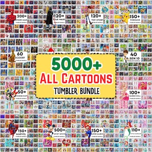 Può includere: Una vasta collezione di bicchieri a tema cartoni animati, con personaggi di Spider-Man, Star Wars, Toy Story, Pokemon, Scooby-Doo, Powerpuff Girls, Marvel, Mickey Mouse, Super Mario, Barbie e La Sirenetta. L'immagine include il testo "5000+ ALL CARTOONS TUMBLER BUNDLE."