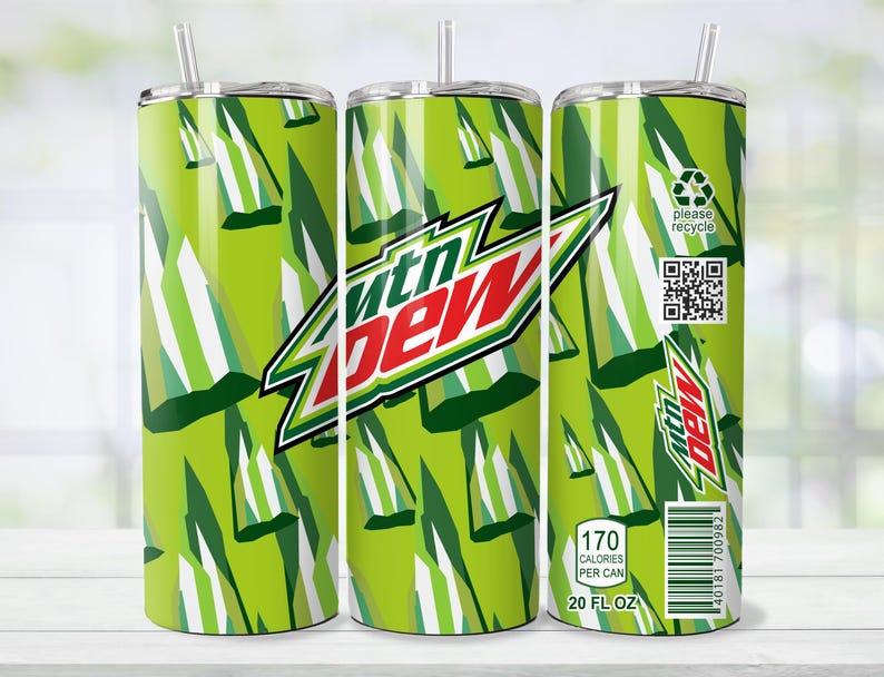 May include: A green and white tumbler with a straw, featuring the Mtn Dew logo in red, white, and green. The design includes a repeating pattern of green and white shapes. The tumbler also has a "please recycle" label and nutritional information.