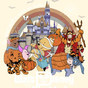 May include: A vintage-style graphic featuring Disney characters in Halloween costumes. Winnie the Pooh is wrapped as a mummy, Tigger is dressed as a devil, and Eeyore is covered in a blanket. The background includes a castle, rainbow, and the text "Walt Disney World".