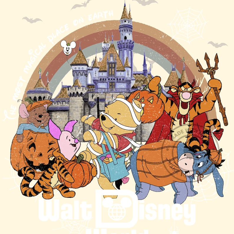 May include: A vintage-style graphic featuring Disney characters in Halloween costumes. Winnie the Pooh is wrapped as a mummy, Tigger is dressed as a devil, and Eeyore is covered in a blanket. The background includes a castle, rainbow, and the text "Walt Disney World".