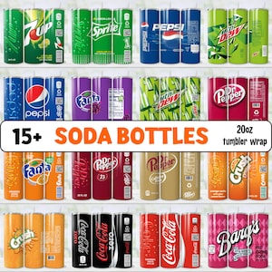 May include: A collection of 20oz tumbler wraps featuring various soda brands, including 7-Up, Sprite, Pepsi, Fanta, and Dr. Pepper. The image displays a variety of colorful designs and logos associated with each beverage. The text "15+ SODA BOTTLES" is also visible.
