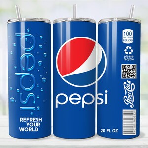 May include: A blue Pepsi-branded tumbler with a straw. The design includes the Pepsi logo, the words "Pepsi", "Refresh Your World", and "20 FL OZ". The tumbler also features a recycling symbol and calorie information.