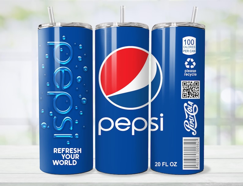 May include: A blue Pepsi-branded tumbler with a straw. The design includes the Pepsi logo, the words "Pepsi", "Refresh Your World", and "20 FL OZ". The tumbler also features a recycling symbol and calorie information.