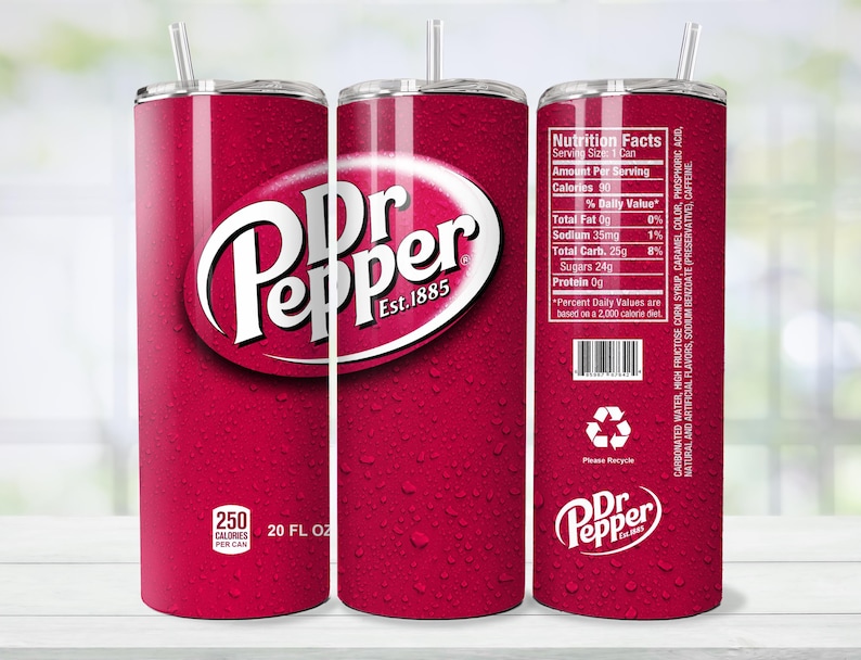 May include: A red 20 fl oz tumbler featuring the Dr Pepper logo and nutrition facts. The tumbler has a white straw and a condensation effect. The tumbler has the text "250 Calories Per Can".