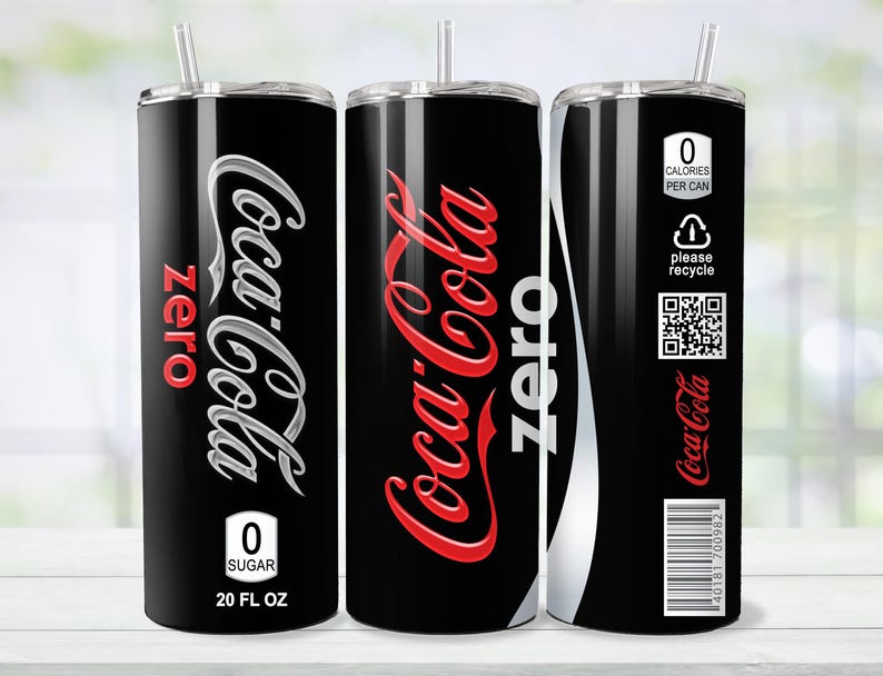 May include: A black tumbler with a silver lid and straw, featuring the Coca-Cola Zero logo in red and white. The tumbler has the text "0 Sugar" and "20 FL OZ". The design includes a white stripe and a QR code.