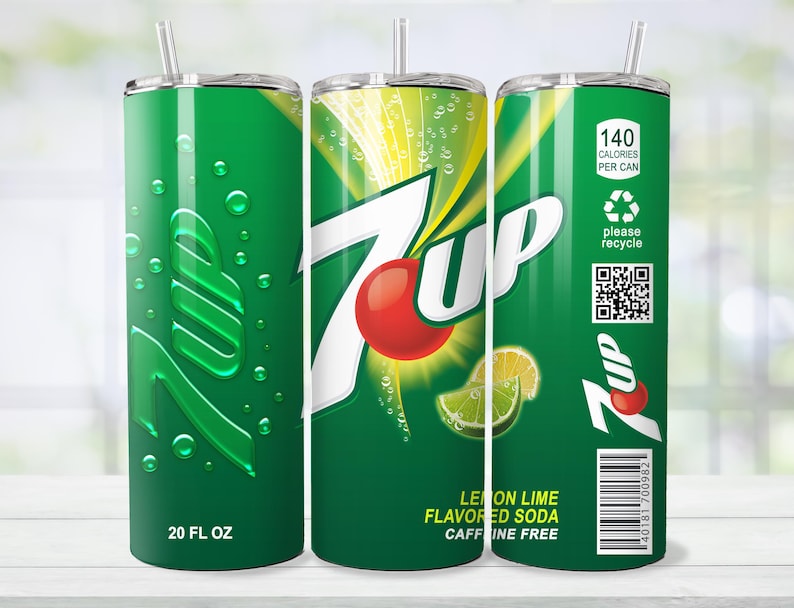 May include: A green 20 fl oz tumbler featuring the 7 Up logo with a red dot and lemon slices. The tumbler has a straw and includes the text "Lemon Lime Flavored Soda Caffeine Free". It also has a "Please Recycle" symbol.