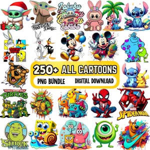 Puede incluir: Un paquete PNG de descarga digital con más de 250 personajes de dibujos animados. La imagen incluye personajes como Baby Yoda, Mickey Mouse, Stitch y Bob Esponja. El texto dice "250+ ALL CARTOONS PNG BUNDLE DIGITAL DOWNLOAD."