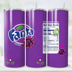 May include: A purple tumbler with a straw, featuring the Fanta Grape logo and a cluster of grapes. The design includes water droplets and a nutrition facts label. The tumbler is designed to hold beverages.