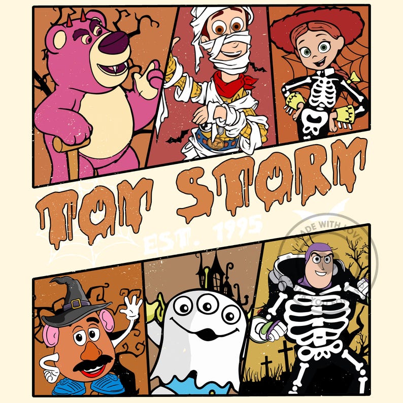 May include: A Halloween-themed graphic featuring characters from Toy Story in costume. The design includes Lotso, Woody as a mummy, Jessie as a skeleton, Mr. Potato Head, a three-eyed ghost, and Buzz Lightyear as a skeleton. The text "TOM STORM" is displayed.