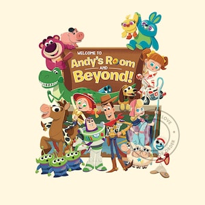 May include: A colorful illustration featuring characters from the animated film Toy Story. The image includes Woody, Buzz Lightyear, and other characters, with the text "Welcome to Andy's Room and Beyond!" on a wooden sign.
