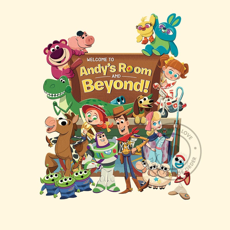 May include: A colorful illustration featuring characters from the animated film Toy Story. The image includes Woody, Buzz Lightyear, and other characters, with the text "Welcome to Andy's Room and Beyond!" on a wooden sign.