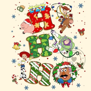 May include: A festive graphic featuring the words "HO HO HO" with Christmas-themed designs and characters from the Toy Story franchise. Includes Woody, Buzz Lightyear, Jessie, Mr. Potato Head, Hamm, and the Little Green Men, all in holiday attire.