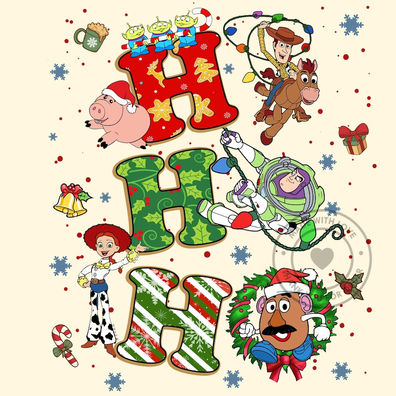 May include: A festive graphic featuring the words "HO HO HO" with Christmas-themed designs and characters from the Toy Story franchise. Includes Woody, Buzz Lightyear, Jessie, Mr. Potato Head, Hamm, and the Little Green Men, all in holiday attire.