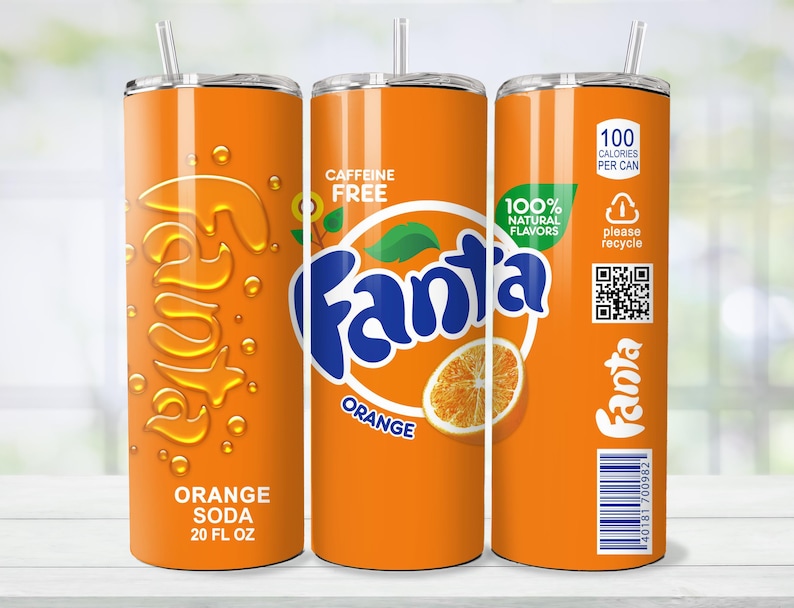 May include: Orange soda tumbler with a straw. The tumbler features the Fanta logo, orange slices, and the text "Orange Soda 20 FL OZ". The design includes "Caffeine Free" and "100% Natural Flavors".