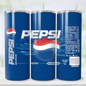 May include: A blue stainless steel tumbler featuring the Pepsi logo and branding. The tumbler has a white straw and a lid. The Pepsi logo is prominently displayed on the front, with the text "PEPSI" in white. The tumbler is designed to hold 12 fl oz (355 ml).