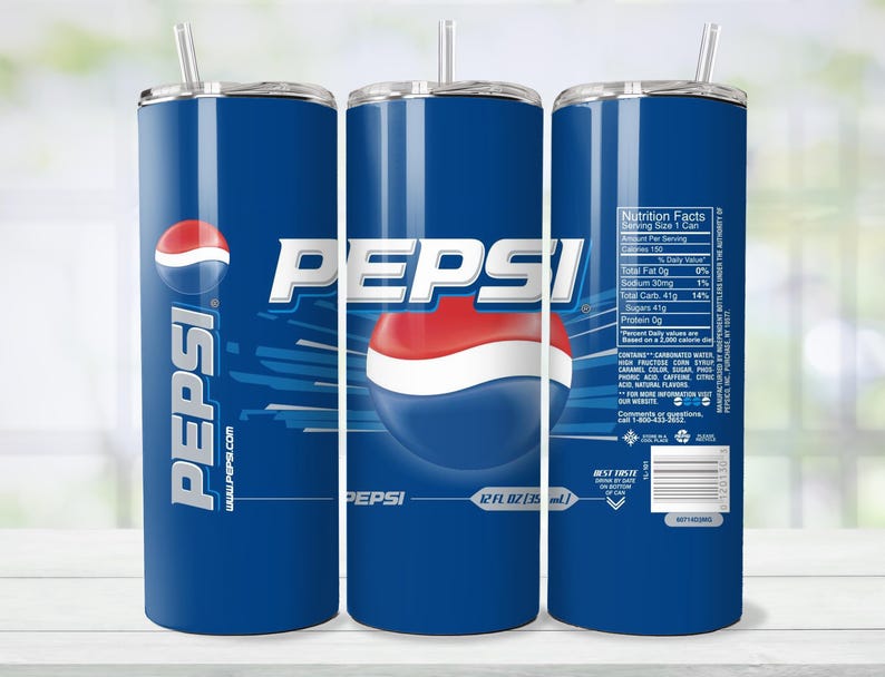 May include: A blue stainless steel tumbler featuring the Pepsi logo and branding. The tumbler has a white straw and a lid. The Pepsi logo is prominently displayed on the front, with the text "PEPSI" in white. The tumbler is designed to hold 12 fl oz (355 ml).
