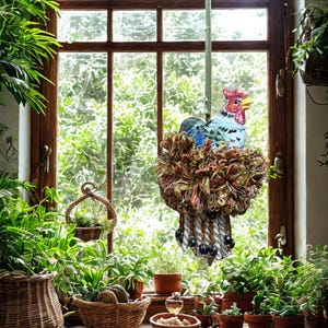 May include: A colorful rooster-shaped hanging decoration. The rooster has a red comb and wattle, blue and white feathers, and a yellow beak. It hangs from a green string, with a decorative tassel below. The background features a window and lush greenery.