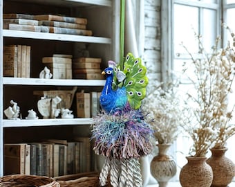 Hand crafted  porcelain peacock salt shaker with tassel trim, vinatage Home Decor
