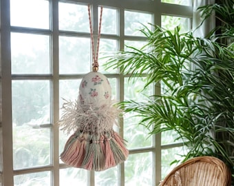 Hand crafted  porcelain flower egg salt shaker with tassel trim, vinatage Home Decor