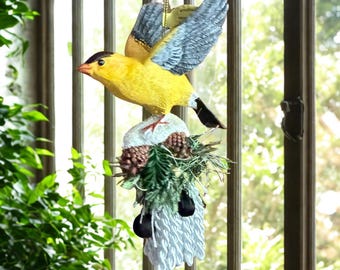 Vintage Porcelain Yellow Goldfinch Bird Salt Shaker, Black Beads Tassel Trim
