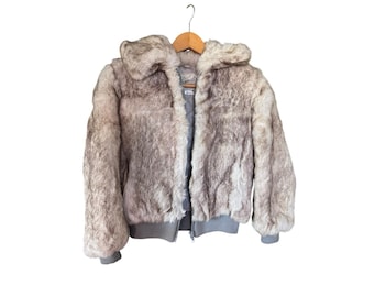 Vtg '80s Princess Caravelle Rabbit Fur Bomber Coat Child's Size 10 Gray White