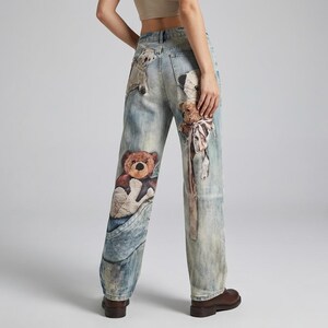 Women's Teddy Bear Print Wide Leg Jeans | Y2K Vintage Wash Denim Pants image 8