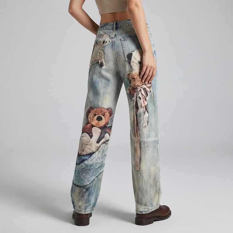 Women's Teddy Bear Print Wide Leg Jeans | Y2K Vintage Wash Denim Pants image 8