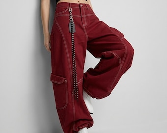 Red Baggy Cargo Jeans | Y2K Style Loose Fit Denim Pants