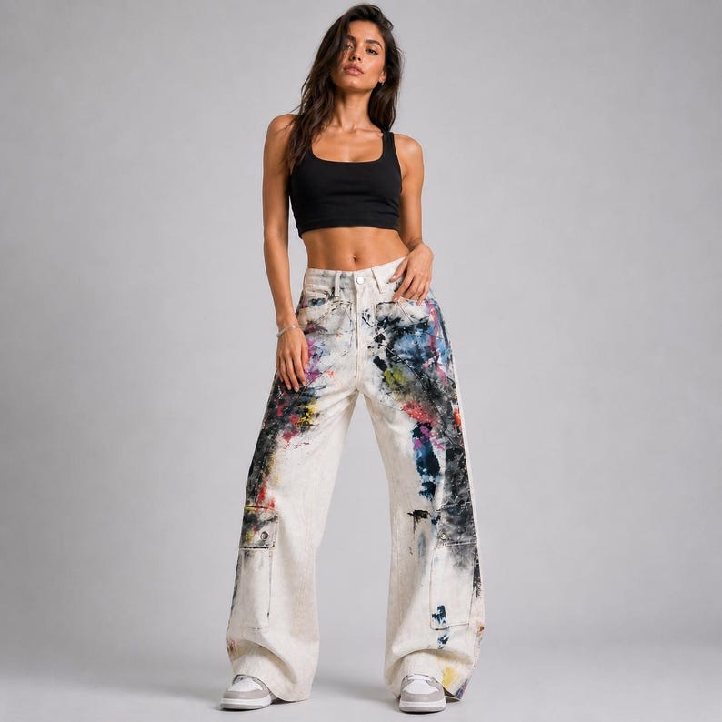 Op de afbeelding: Een persoon draagt een zwarte crop top en een witte broek met wijde pijpen. De jeans is versierd met kleurrijke verfspetters in blauw, rood, geel en zwart. De jeans heeft een hoge taille en een relaxte pasvorm.