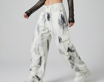 Cargojeans met gebleekte steenwassing | Y2K streetwear-broek met hoge taille