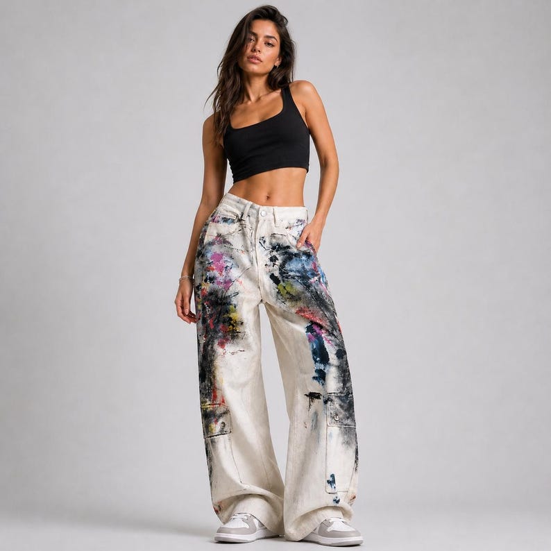 Op de afbeelding: Een vrouw draagt een zwarte tanktop en een off-white broek met wijde pijpen. De jeans is versierd met kleurrijke verfspatten in roze, blauw, geel en zwart. De jeans heeft een hoge taille en een relaxte pasvorm.
