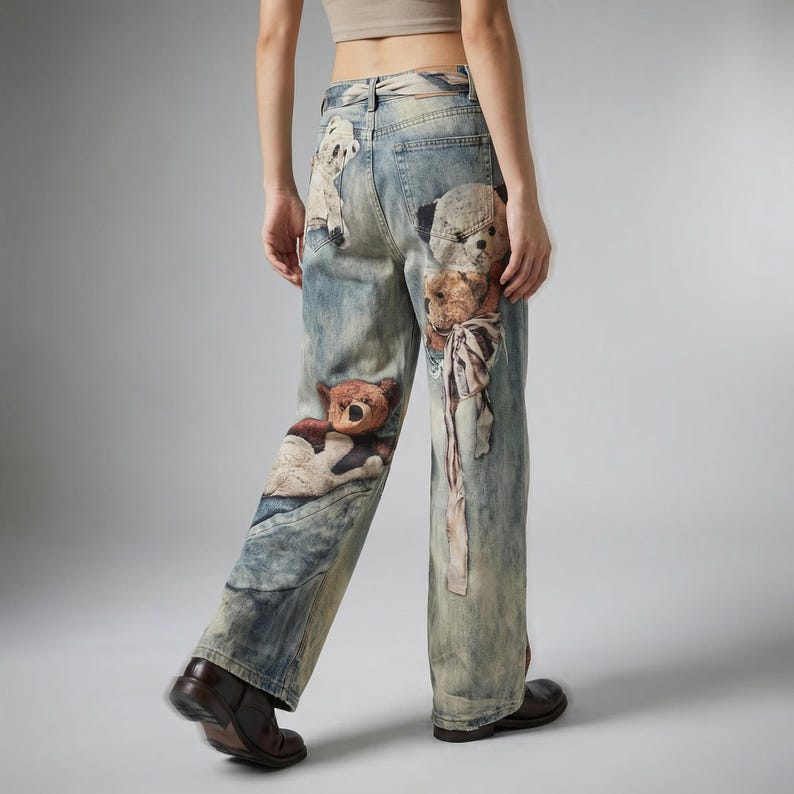 May include: Light wash denim jeans featuring a distressed design and multiple teddy bear graphics. The jeans have a relaxed fit and a classic five-pocket design. The teddy bear graphics are in shades of brown, cream, and white.